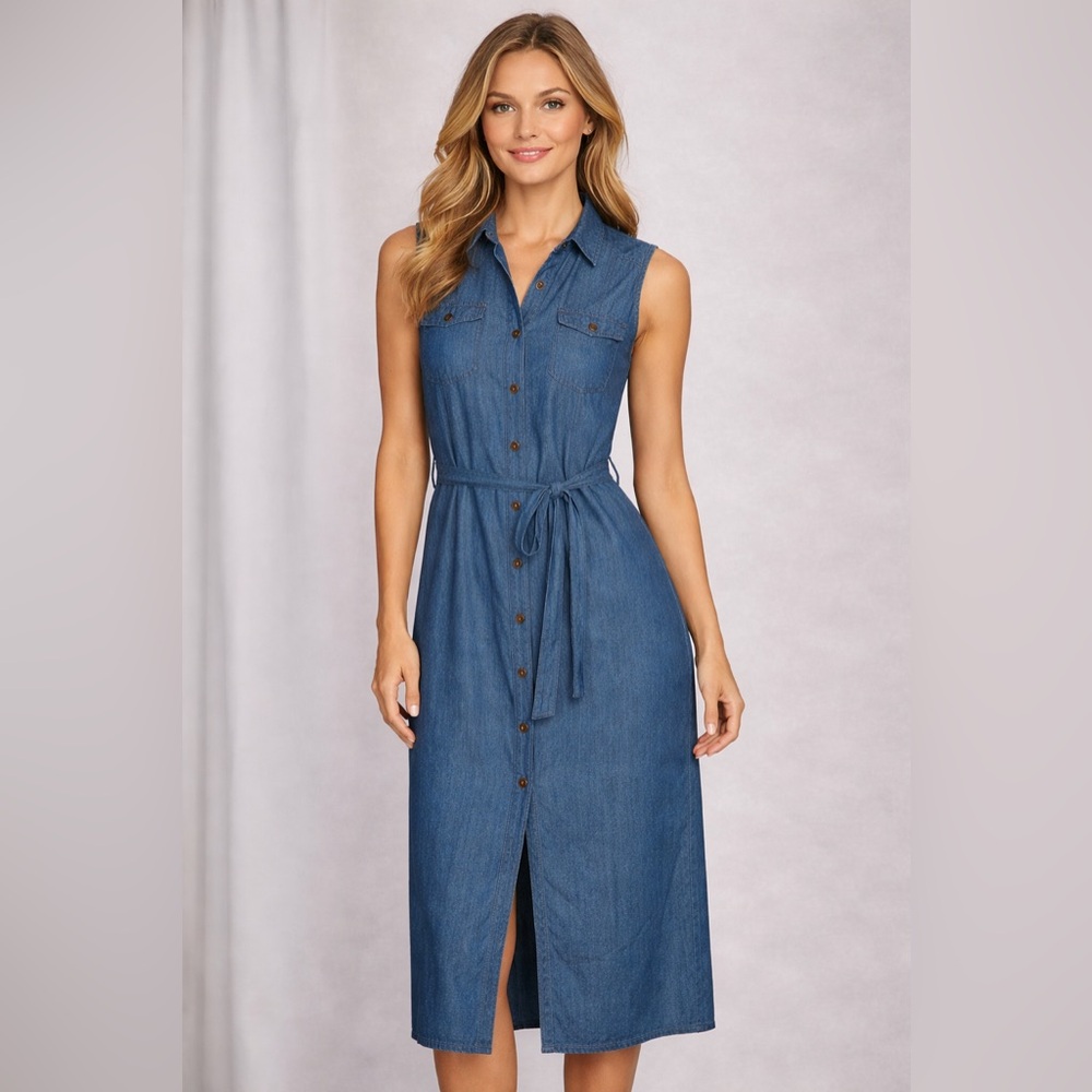 NWT J Gee Denim Button Front Midi Dress Large